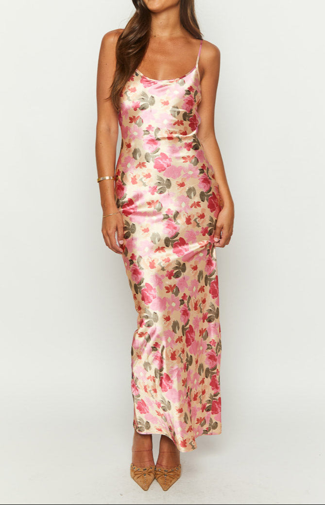 Lilla Yellow Floral Print Satin Maxi Dress