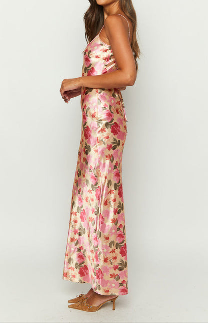 Lilla Yellow Floral Print Satin Maxi Dress