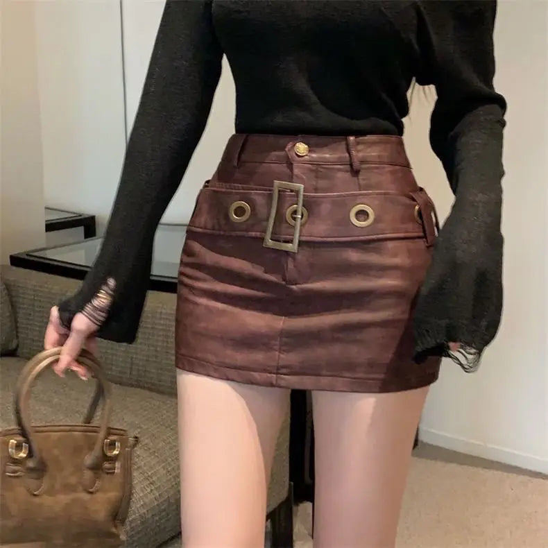 Tight Hip-Wrapped Leather Skirt