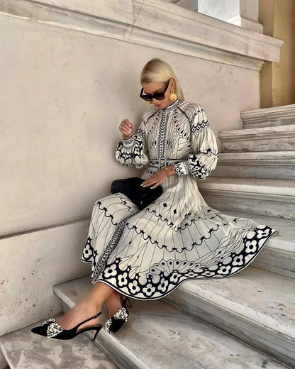 Retro Stand Collar Belted Boho Dress