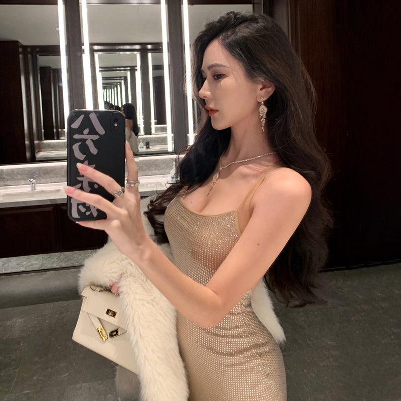 Rhinestone-Embellished Slip Dress Sexy Party Night Maxi Dress