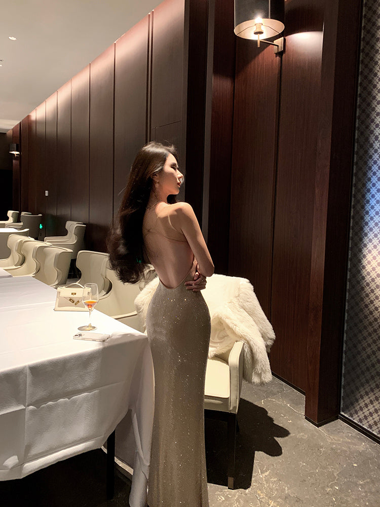 Rhinestone-Embellished Slip Dress Sexy Party Night Maxi Dress