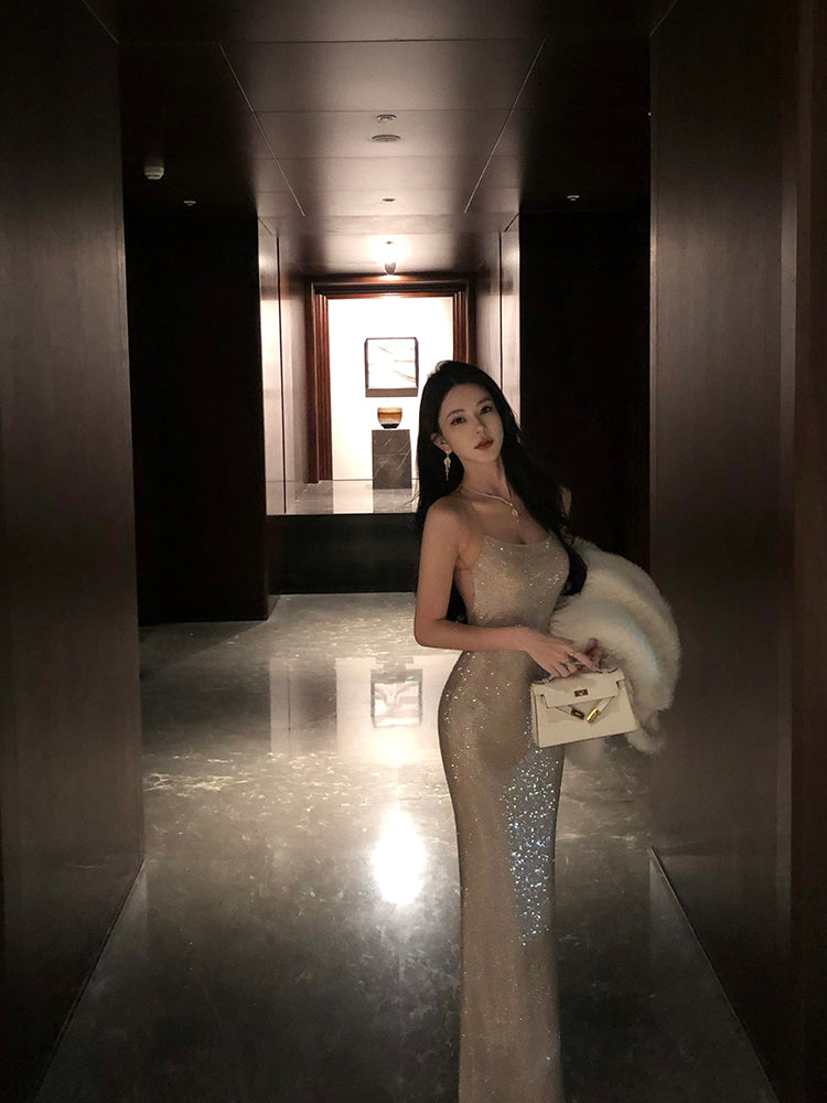 Rhinestone-Embellished Slip Dress Sexy Party Night Maxi Dress