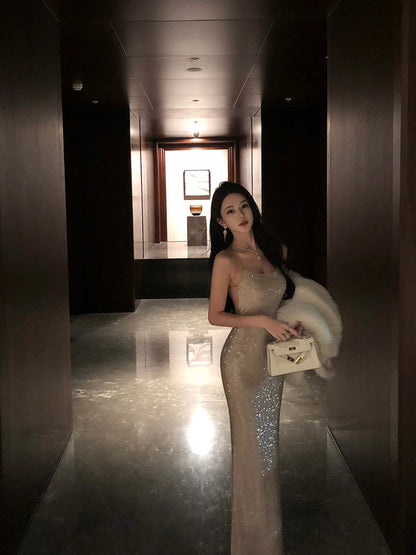 Rhinestone-Embellished Slip Dress Sexy Party Night Maxi Dress