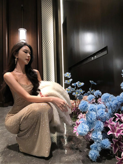 Rhinestone-Embellished Slip Dress Sexy Party Night Maxi Dress