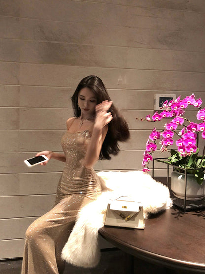 Rhinestone-Embellished Slip Dress Sexy Party Night Maxi Dress