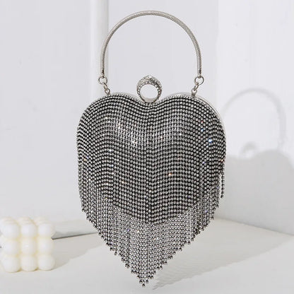Rhinestone Heart Pattern Silver Evening Clutch Wedding Bridal Purse