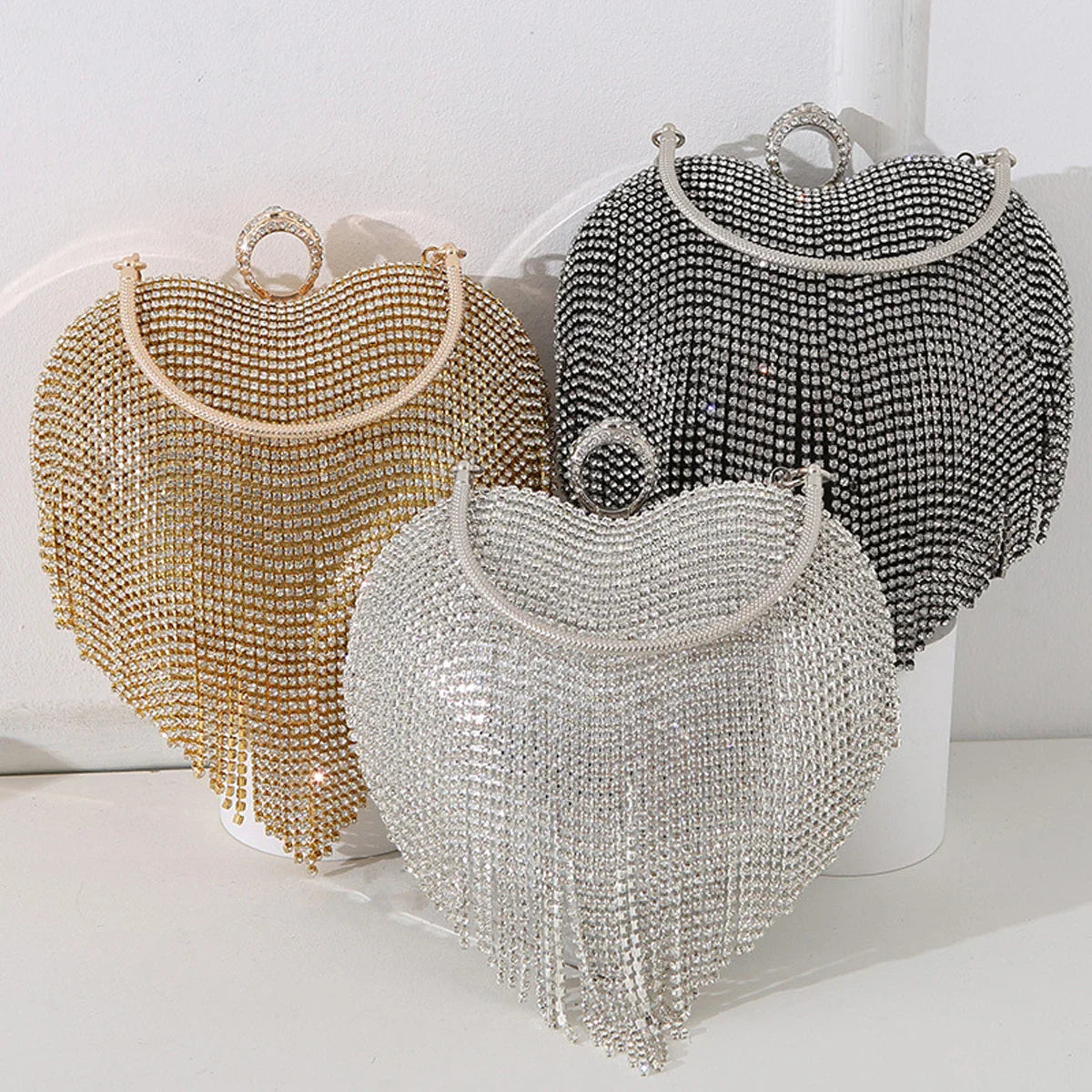 Rhinestone Heart Pattern Silver Evening Clutch Wedding Bridal Purse