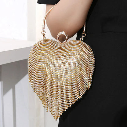 Rhinestone Heart Pattern Silver Evening Clutch Wedding Bridal Purse
