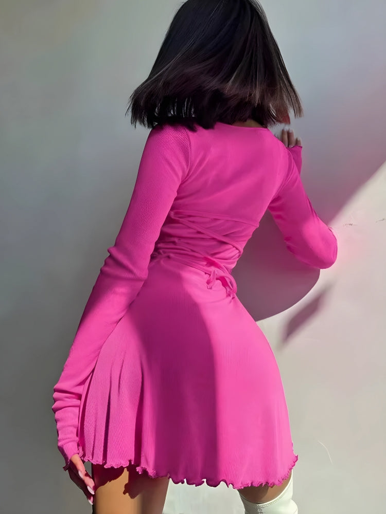 Ribbed Knit Crew Neck Lettuce Hem Long Sleeve Bodycon Mini Dress