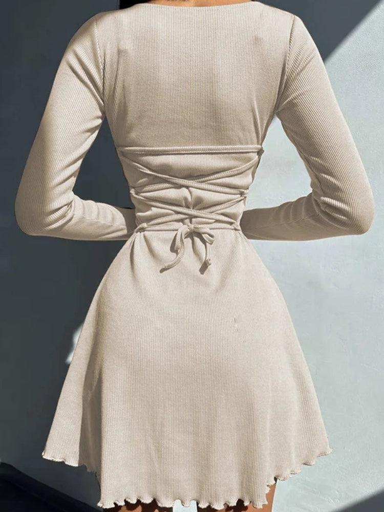 Ribbed Knit Crew Neck Lettuce Hem Long Sleeve Bodycon Mini Dress