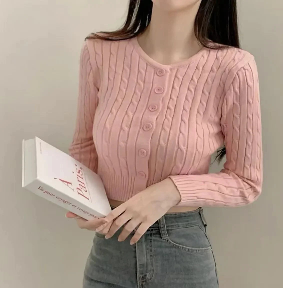 Ribbed Cable Knit Slim Fit Button-Up Cropped Cardigan