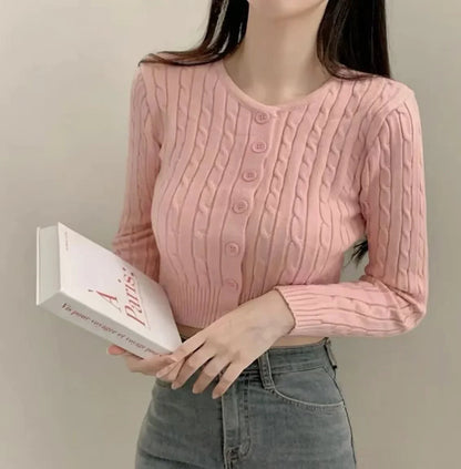 Ribbed Cable Knit Slim Fit Button-Up Cropped Cardigan