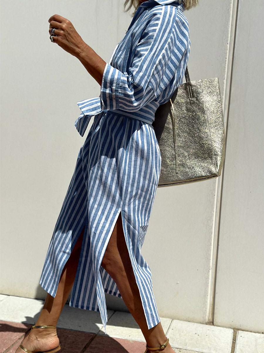Printed Shirt Dress For Women - Casual Collared Button Down Tie Waist Midi Kaftan - Summer Beach Resort 2026