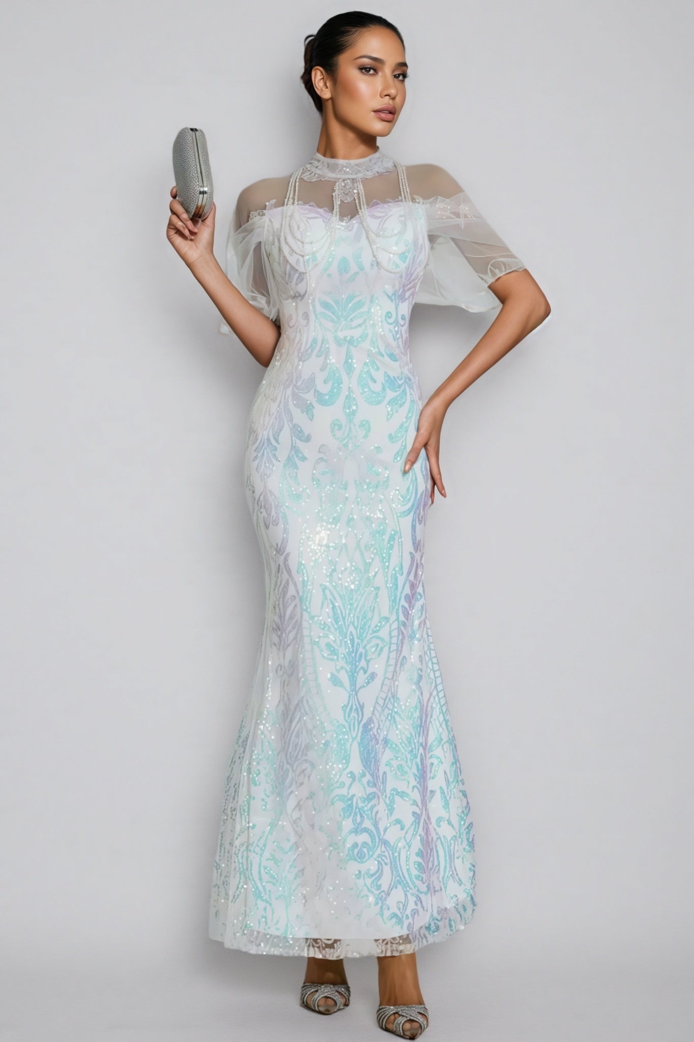 Austinse White Mesh Sequin Maxi Dress