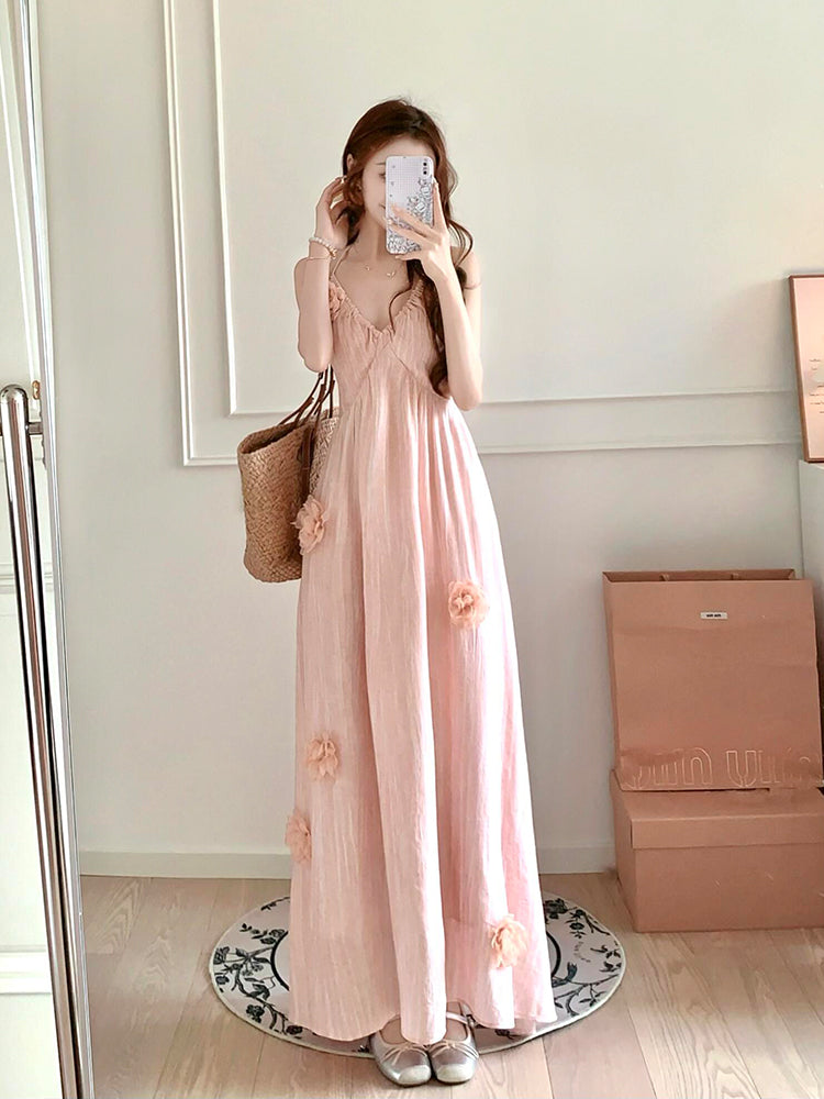 Romantic 3D Floral Halter Dress Soft Feminine Beach Dress