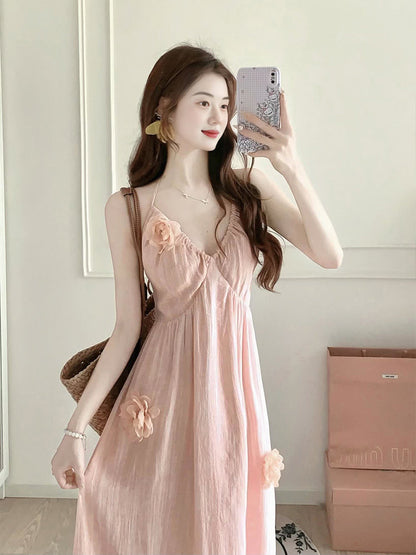 Romantic 3D Floral Halter Dress Soft Feminine Beach Dress