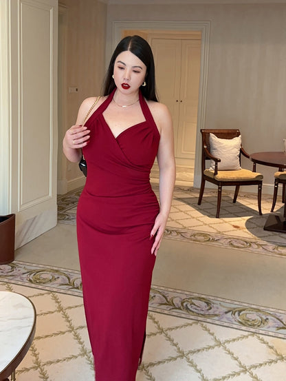 Romantic Halter Ruched Midi Dress · Slimming French Style Plus-Size Elegance