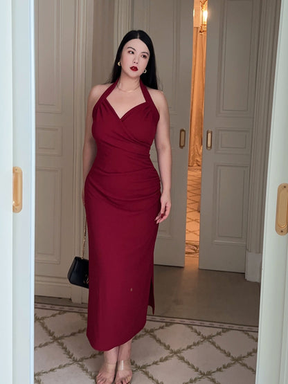 Romantic Halter Ruched Midi Dress · Slimming French Style Plus-Size Elegance