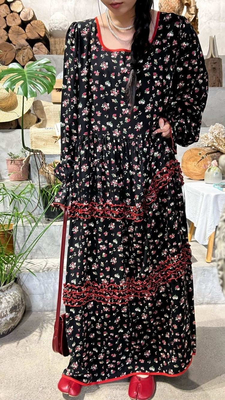Romantic Soirée Floral Long Sleeve Dress Soft Cotton Vintage Style Maxi Gown Flowy Floral Dress