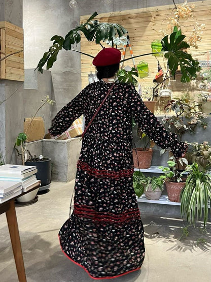 Romantic Soirée Floral Long Sleeve Dress Soft Cotton Vintage Style Maxi Gown Flowy Floral Dress