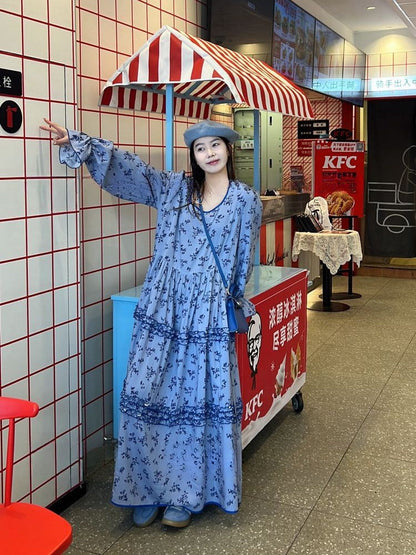 Romantic Soirée Floral Long Sleeve Dress Soft Cotton Vintage Style Maxi Gown Flowy Floral Dress