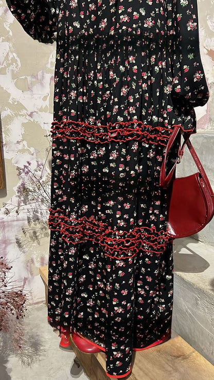 Romantic Soirée Floral Long Sleeve Dress Soft Cotton Vintage Style Maxi Gown Flowy Floral Dress