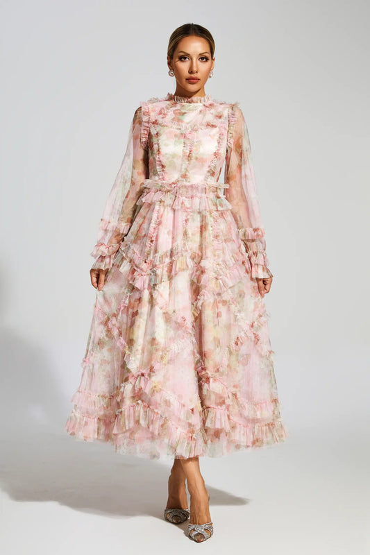 Roosevelt Pink Floral Mesh Dress