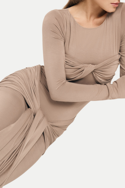 Rosalba Ruched Long Sleeve Maxi Dress - Khaki