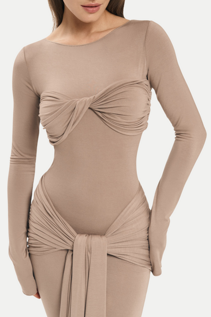 Rosalba Ruched Long Sleeve Maxi Dress - Khaki