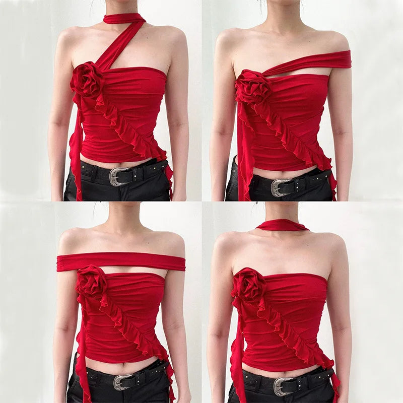 Rose Bandage Off Shoulder Halter Backless Bare Midriff Tube Crop Top
