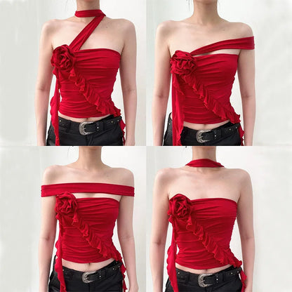 Rose Bandage Off Shoulder Halter Backless Bare Midriff Tube Crop Top