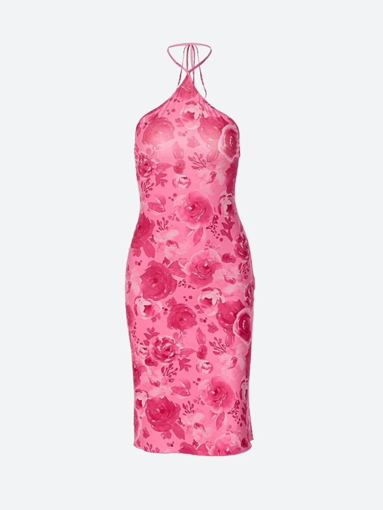 Halter Neck Watercolor Print Satin Bodycon Midi Dress