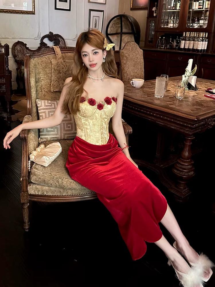 Floral Applique Brocade Corset Top Velvet Maxi Skirt Two Piece Set