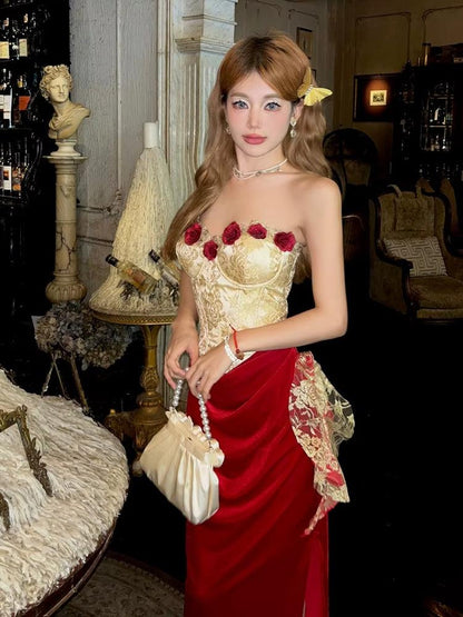 Floral Applique Brocade Corset Top Velvet Maxi Skirt Two Piece Set