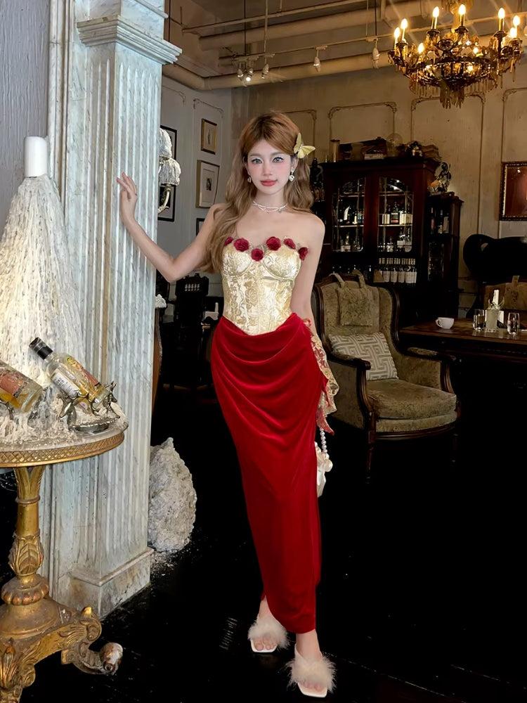 Floral Applique Brocade Corset Top Velvet Maxi Skirt Two Piece Set