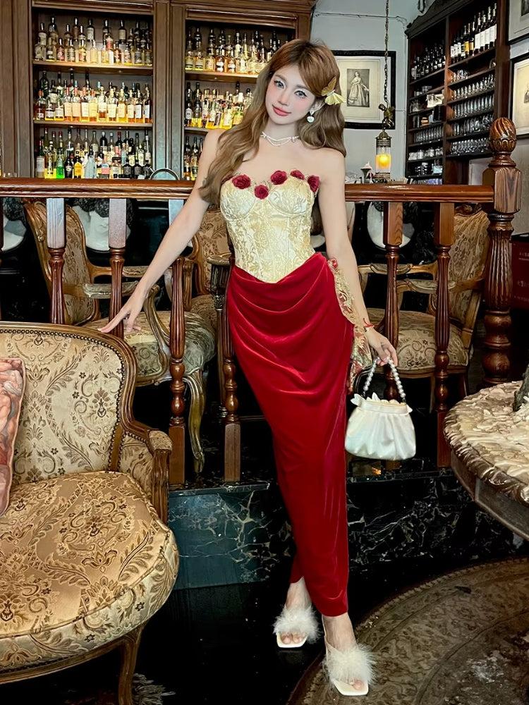 Floral Applique Brocade Corset Top Velvet Maxi Skirt Two Piece Set