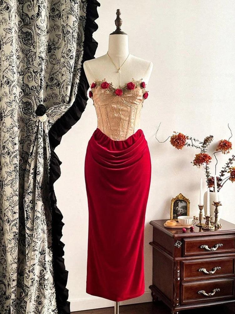 Floral Applique Brocade Corset Top Velvet Maxi Skirt Two Piece Set
