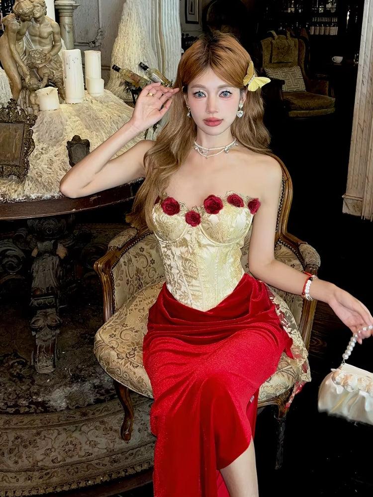 Floral Applique Brocade Corset Top Velvet Maxi Skirt Two Piece Set