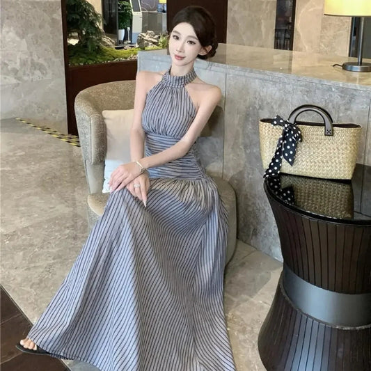 Striped Halter Neck Ruched Waist Sleeveless Maxi Dress