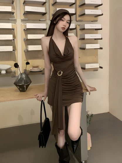 Halter Cowl Neck Metal Ring Waist Ruched Bodycon Mini Dress