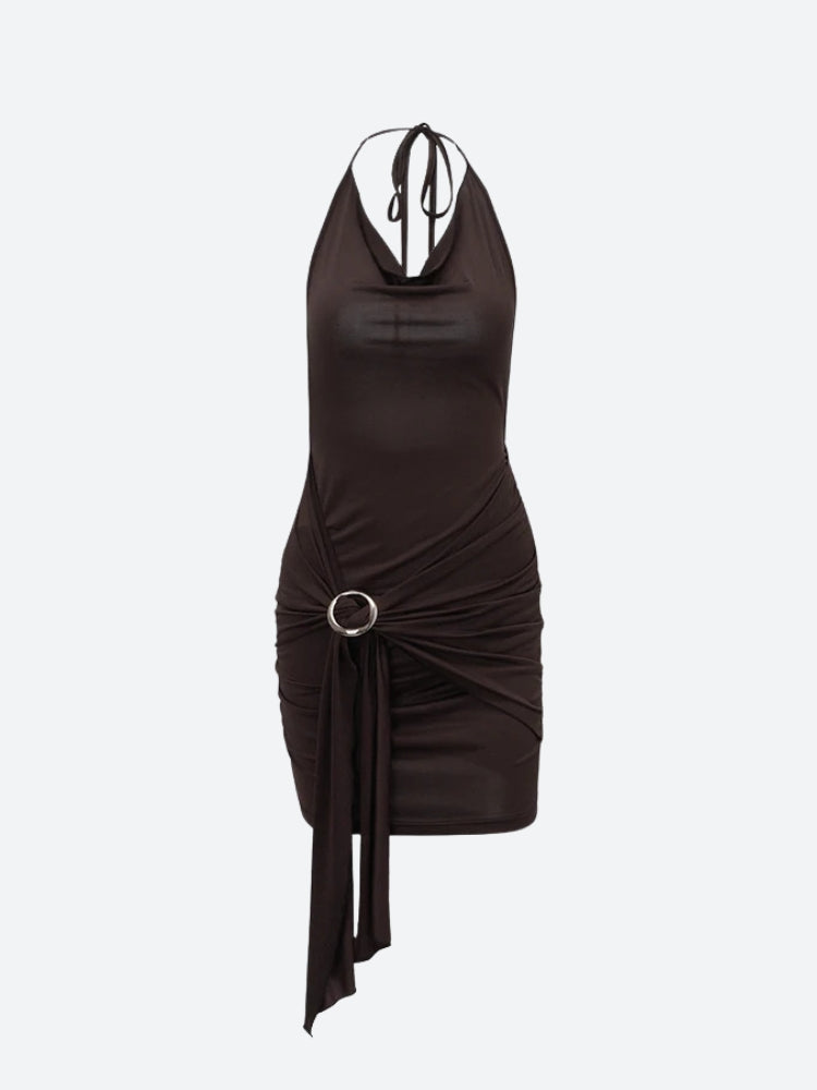 Halter Cowl Neck Metal Ring Waist Ruched Bodycon Mini Dress