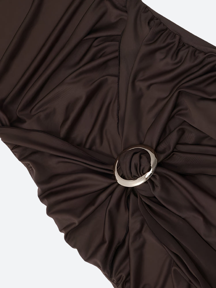 Halter Cowl Neck Metal Ring Waist Ruched Bodycon Mini Dress