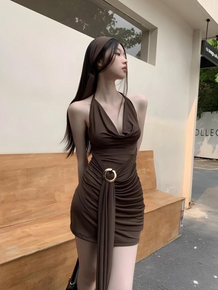 Halter Cowl Neck Metal Ring Waist Ruched Bodycon Mini Dress