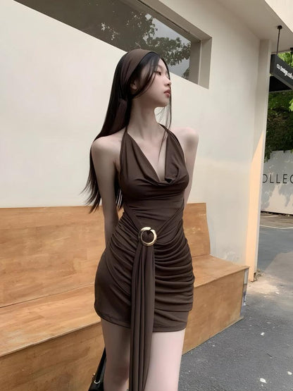 Halter Cowl Neck Metal Ring Waist Ruched Bodycon Mini Dress