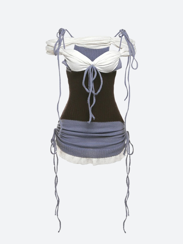 Rib Knit Corset Bow Tie Shoulder Ruffle Hem Mini Skirt Two-Piece Set