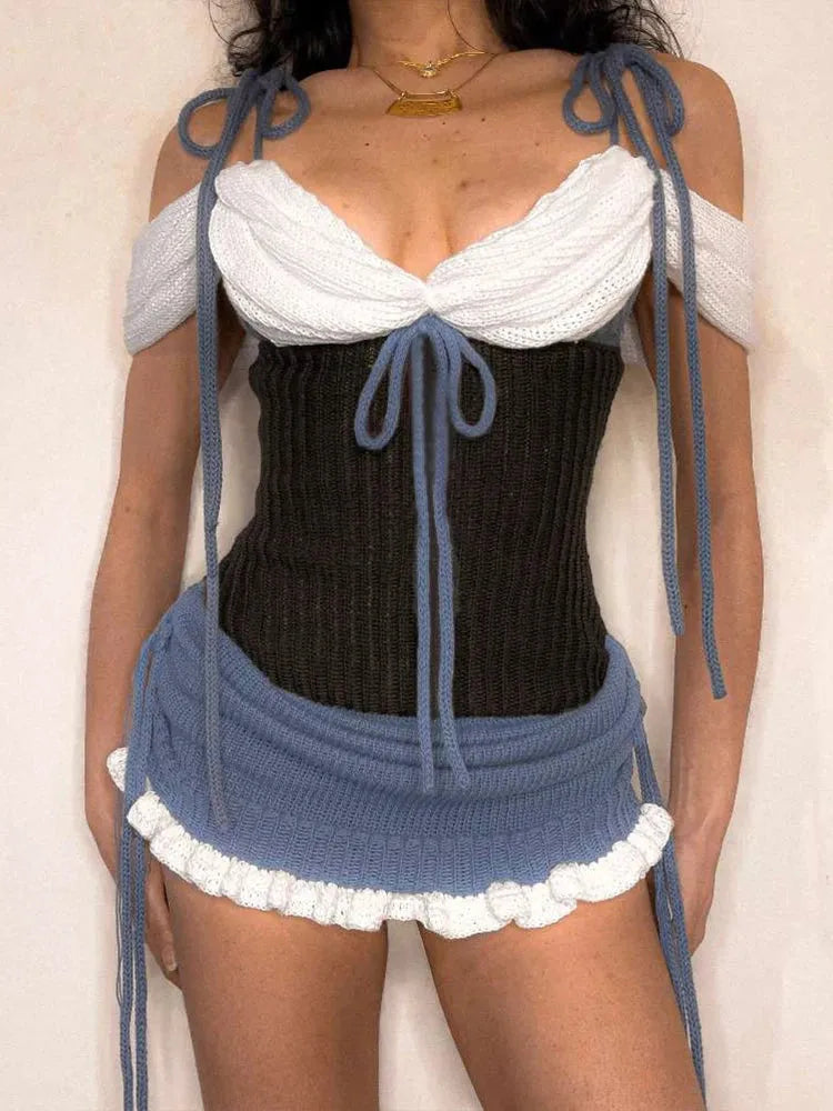 Rib Knit Corset Bow Tie Shoulder Ruffle Hem Mini Skirt Two-Piece Set