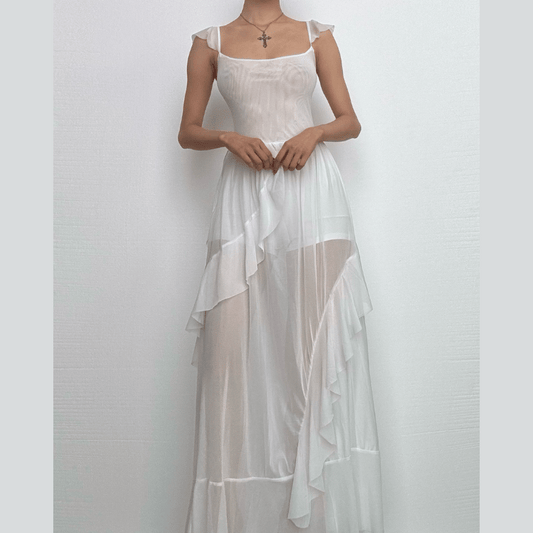 Ruched ruffle square neck sheer mesh cami maxi dress