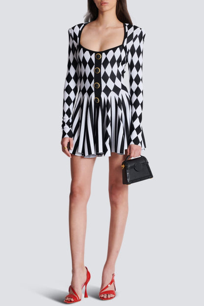 Abiga Diamond Jacquard Flared Knit Mini Dress