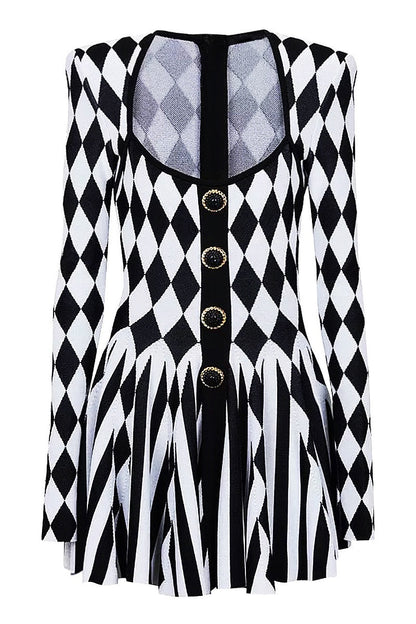 Abiga Diamond Jacquard Flared Knit Mini Dress